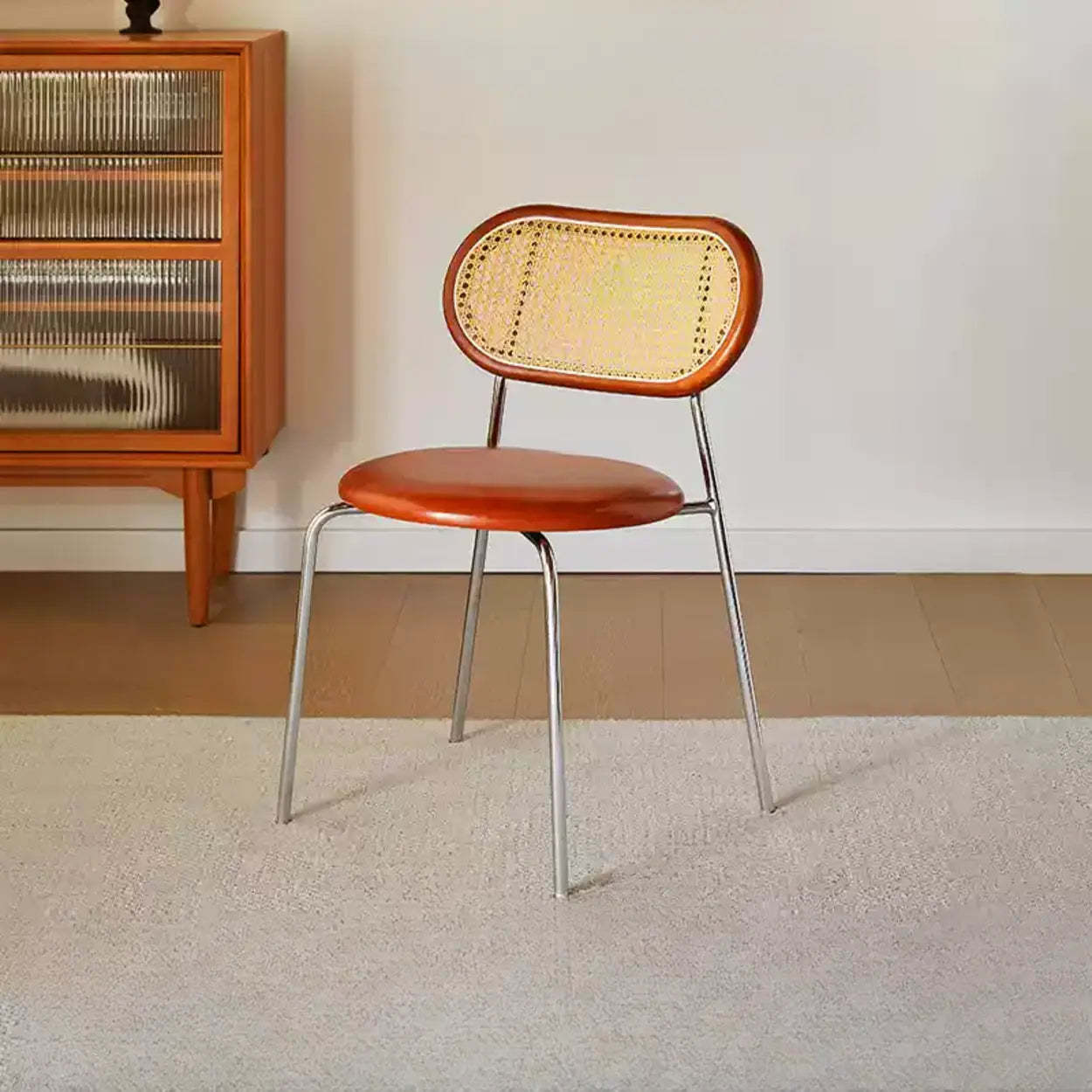 Oval Rattan-Back Leather Stackable Dining Chair — Nut-Brown / Matte Brown / Black