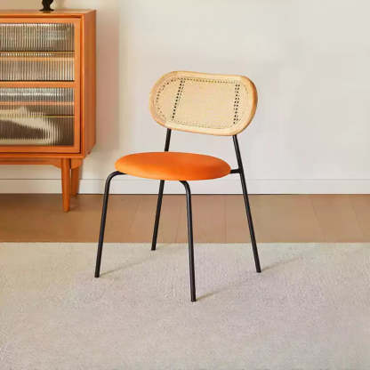 Oval Rattan-Back Leather Stackable Dining Chair — Black / Matt Black / Black