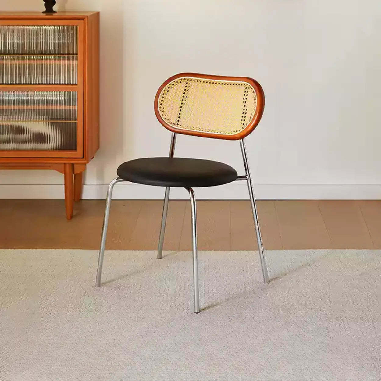 Oval Rattan-Back Leather Stackable Dining Chair — Nut-Brown / Yellow/ Brown / Silver