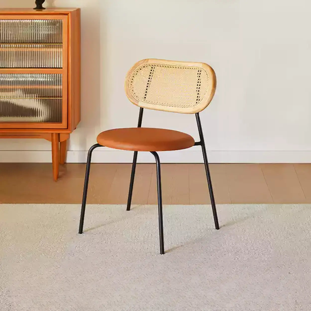 Oval Rattan-Back Leather Stackable Dining Chair — Nut-Brown / Yellow/ Brown / Black