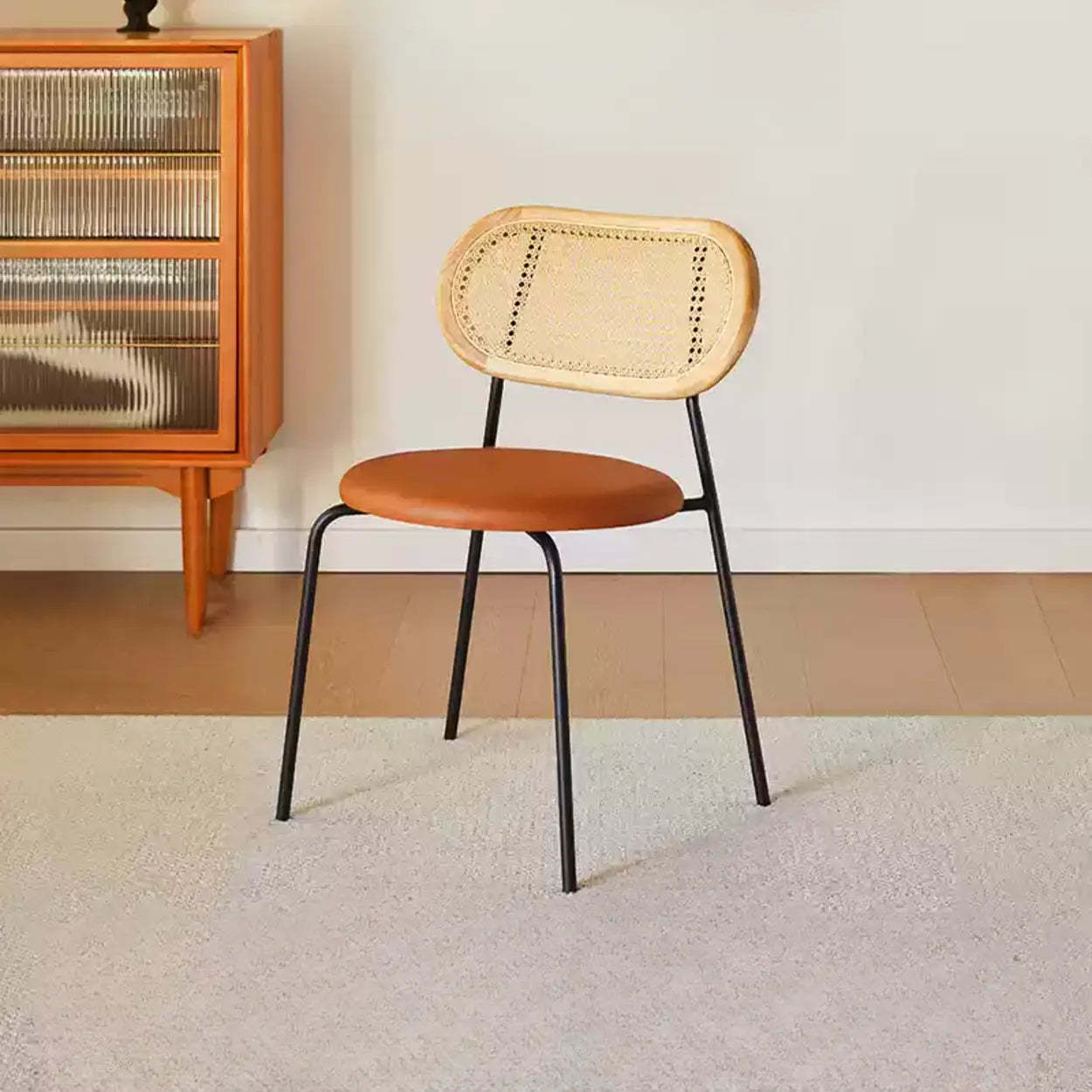 Oval Rattan-Back Leather Stackable Dining Chair — Nut-Brown / Yellow/ Brown / Black