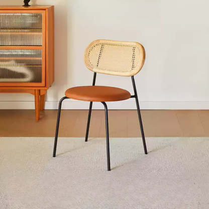 Oval Rattan-Back Leather Stackable Dining Chair — Nut-Brown / Yellow/ Brown / Black