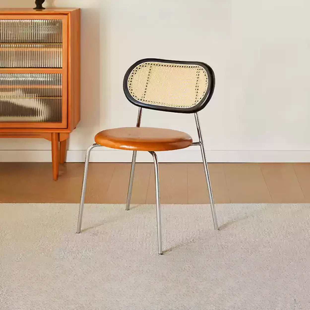Oval Rattan-Back Leather Stackable Dining Chair — Nut-Brown / Matte White / Silver