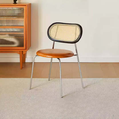 Oval Rattan-Back Leather Stackable Dining Chair — Nut-Brown / Matte White / Silver