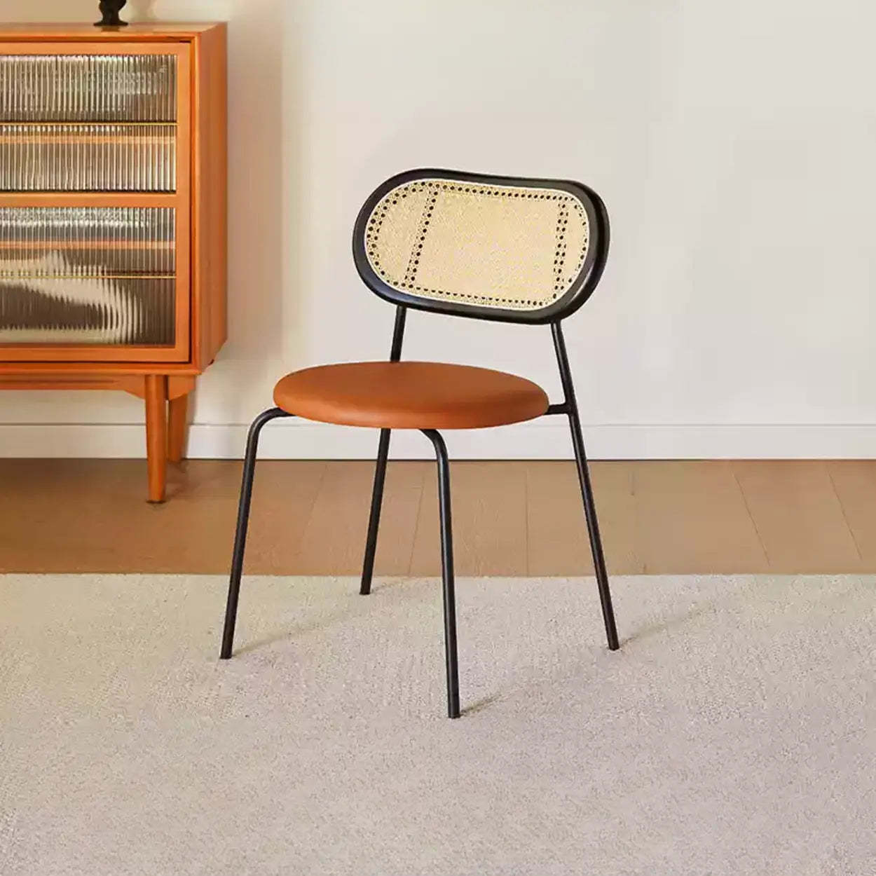 Oval Rattan-Back Leather Stackable Dining Chair — Nut-Brown / Matte White / Black