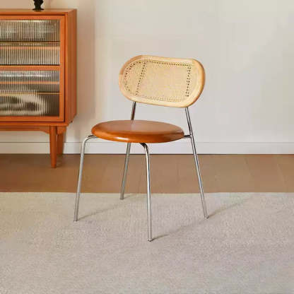 Oval Rattan-Back Leather Stackable Dining Chair — Nut-Brown / Bright Brown / Silver