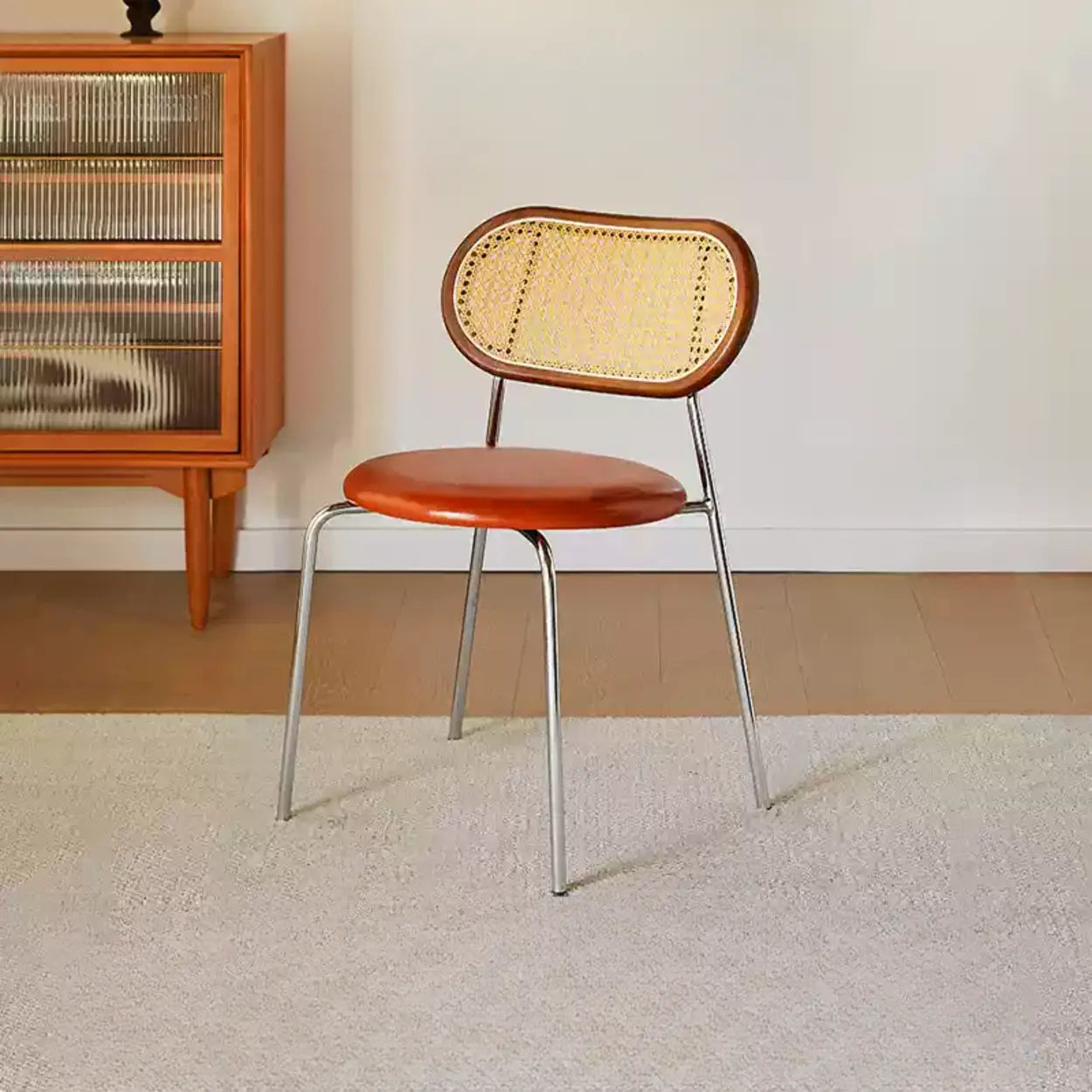 Oval Rattan-Back Leather Stackable Dining Chair — Nut-Brown / Bright Brown / Black