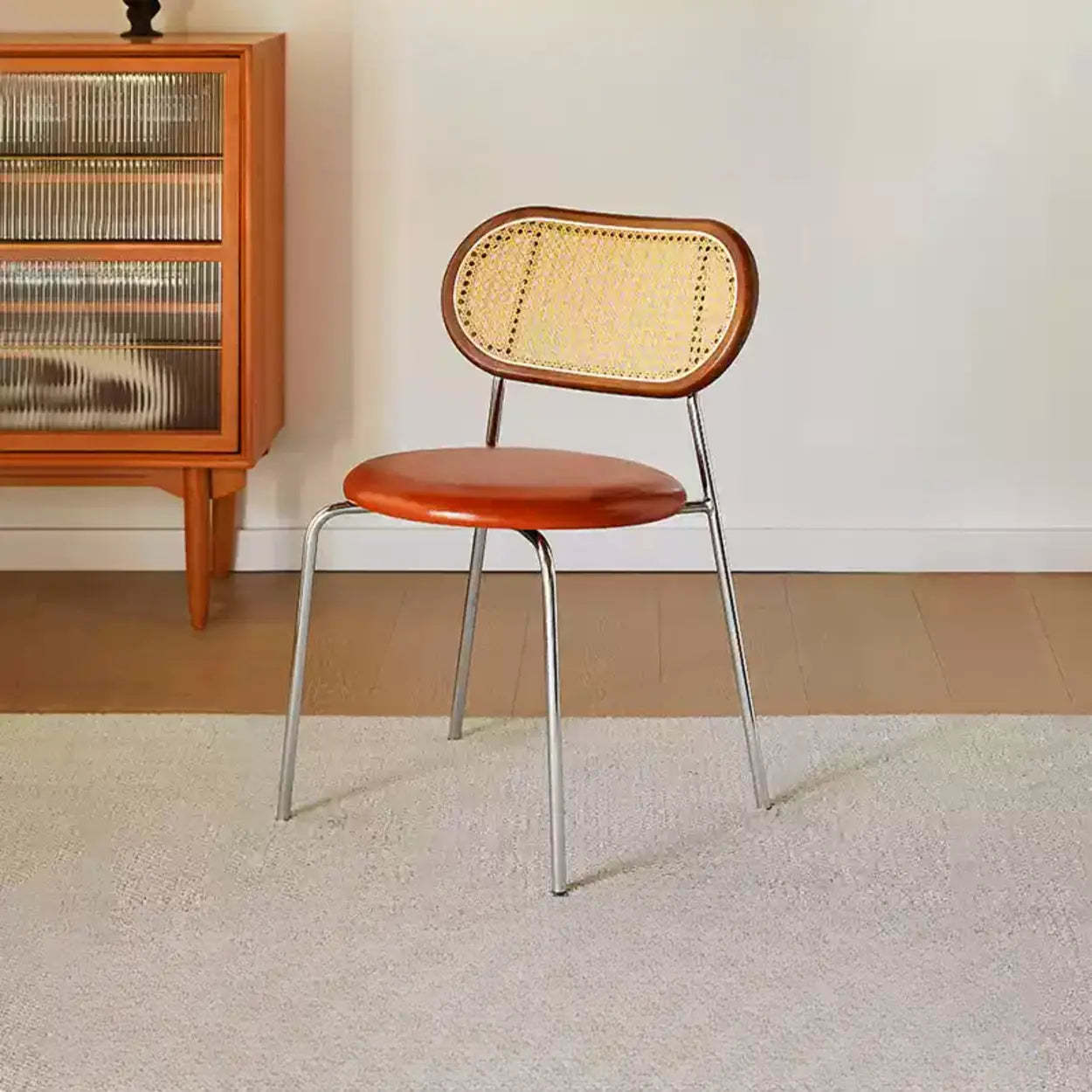 Oval Rattan-Back Leather Stackable Dining Chair — Nut-Brown / Bright Brown / Black