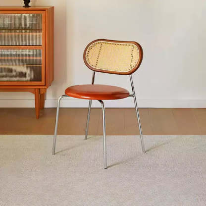 Oval Rattan-Back Leather Stackable Dining Chair — Nut-Brown / Bright Brown / Black