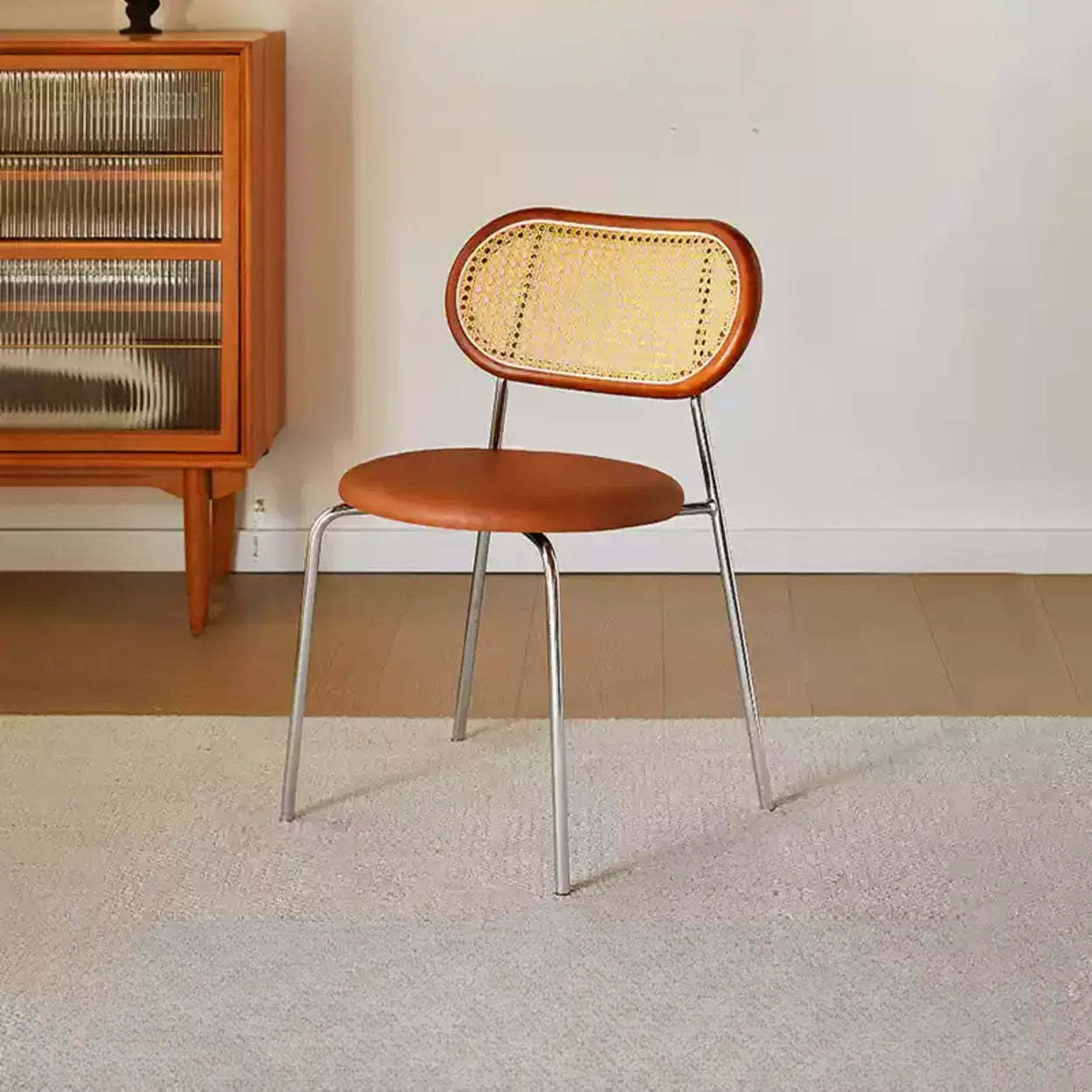 Oval Rattan-Back Leather Stackable Dining Chair