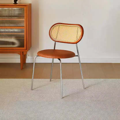 Oval Rattan-Back Leather Stackable Dining Chair