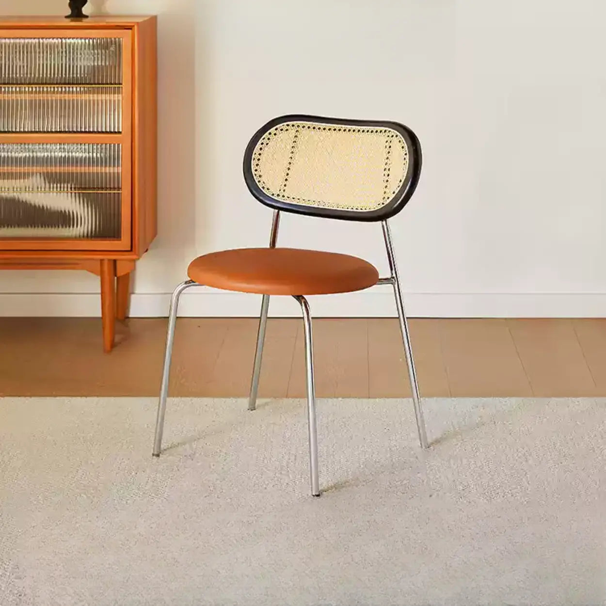 Oval Rattan-Back Leather Stackable Dining Chair