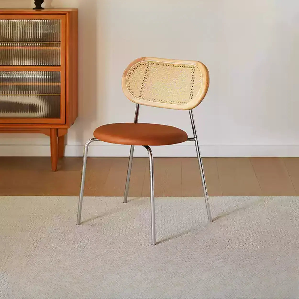 Oval Rattan-Back Leather Stackable Dining Chair