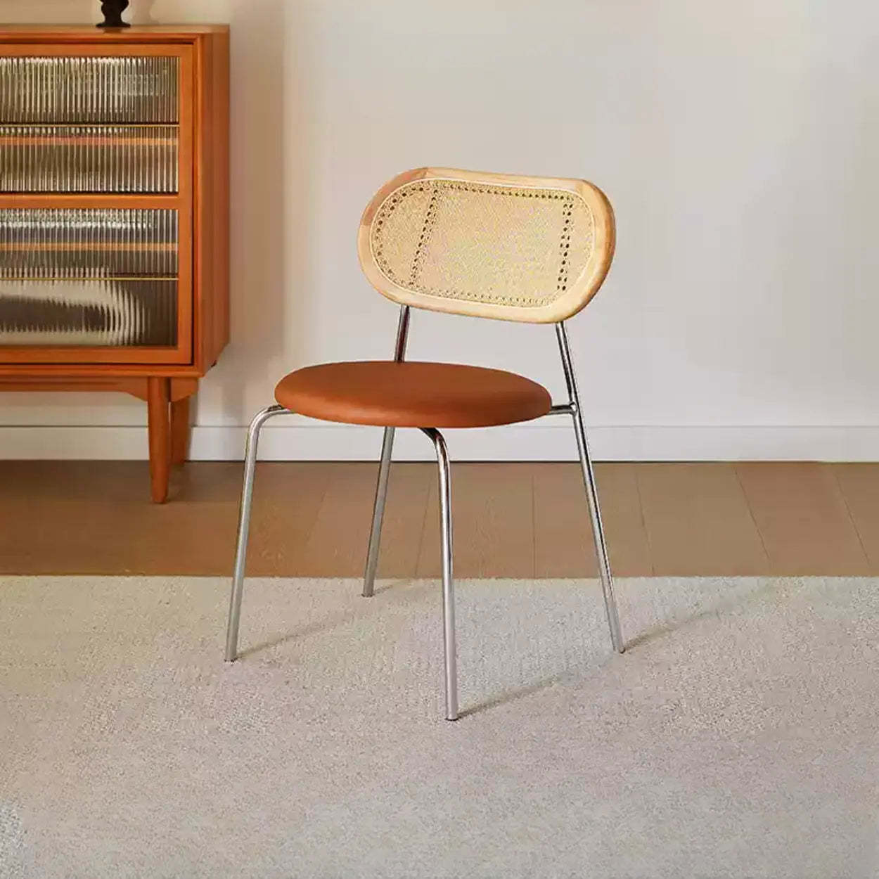 Oval Rattan-Back Leather Stackable Dining Chair
