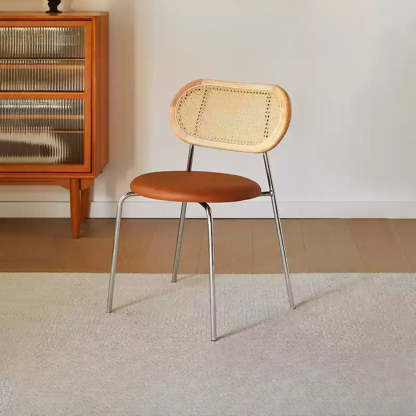 Oval Rattan-Back Leather Stackable Dining Chair