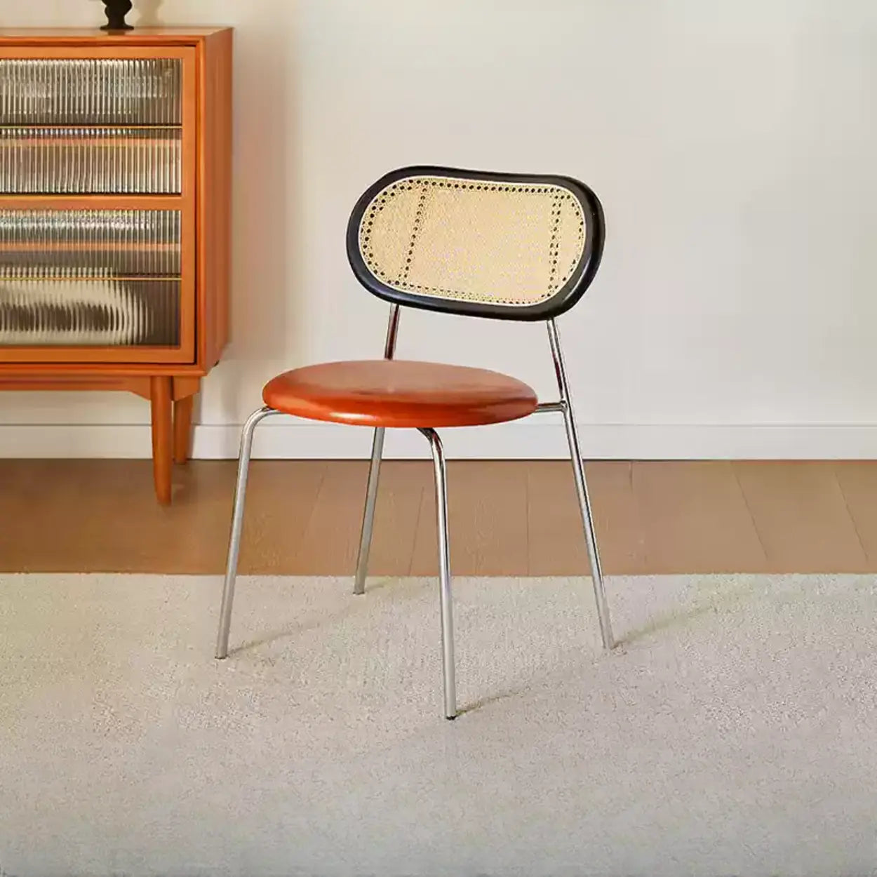 Oval Rattan-Back Leather Stackable Dining Chair