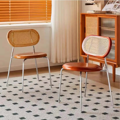 Oval Rattan-Back Leather Stackable Dining Chair — Black / Orange / Silver