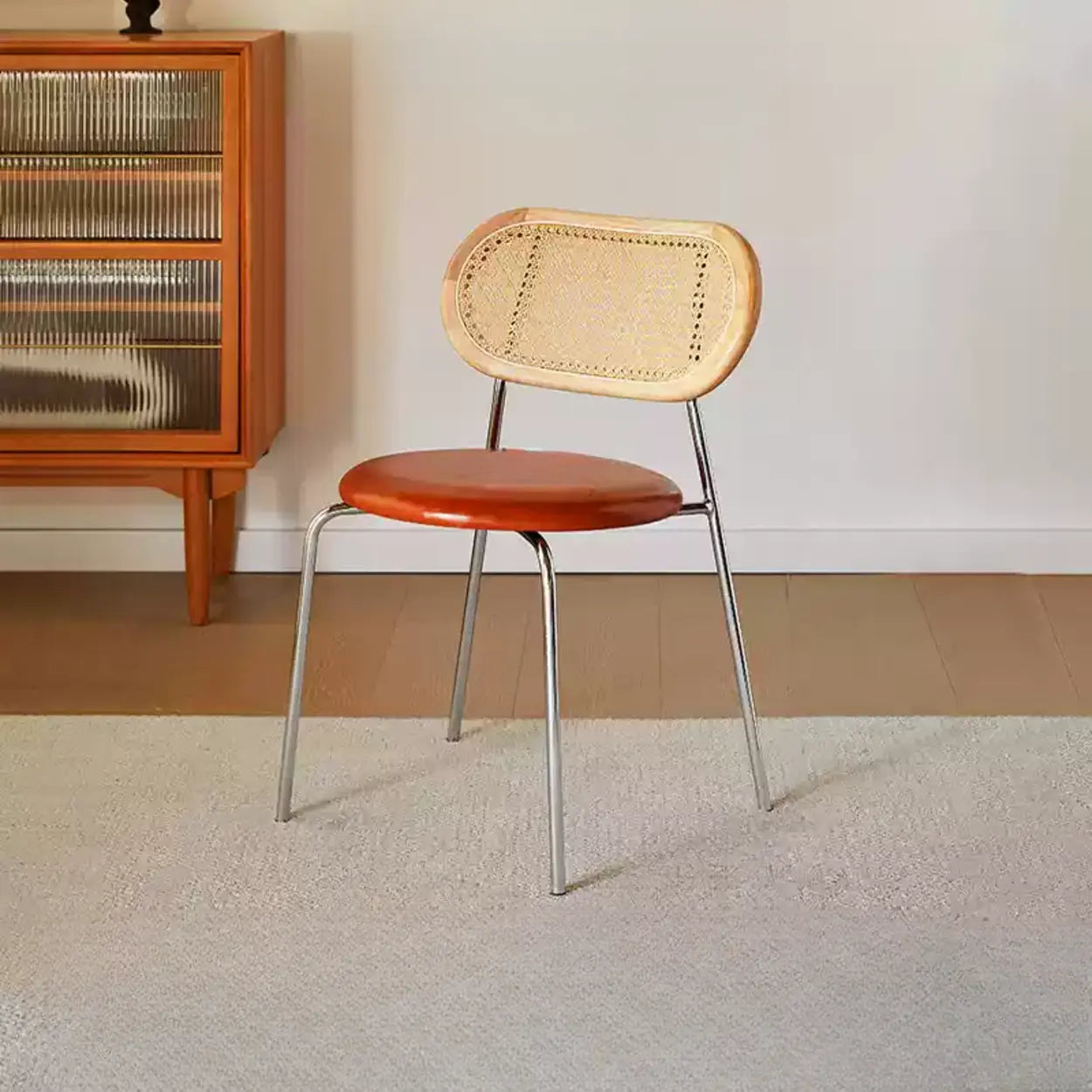 Oval Rattan-Back Leather Stackable Dining Chair