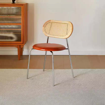 Oval Rattan-Back Leather Stackable Dining Chair