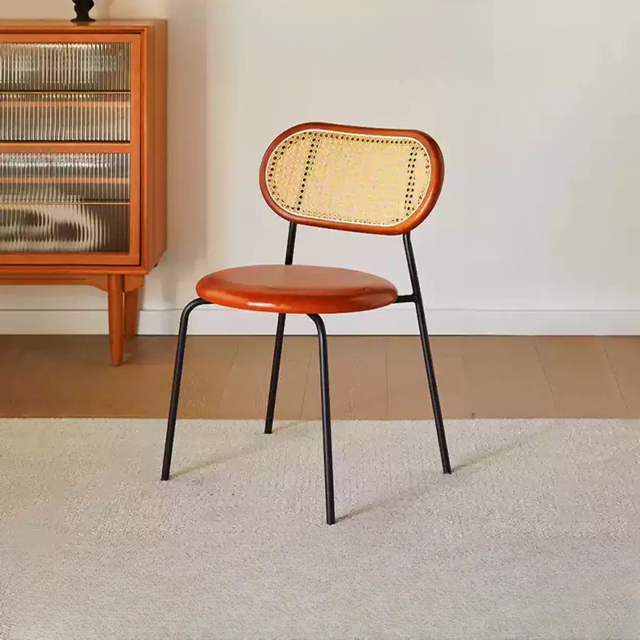 Oval Rattan-Back Leather Stackable Dining Chair