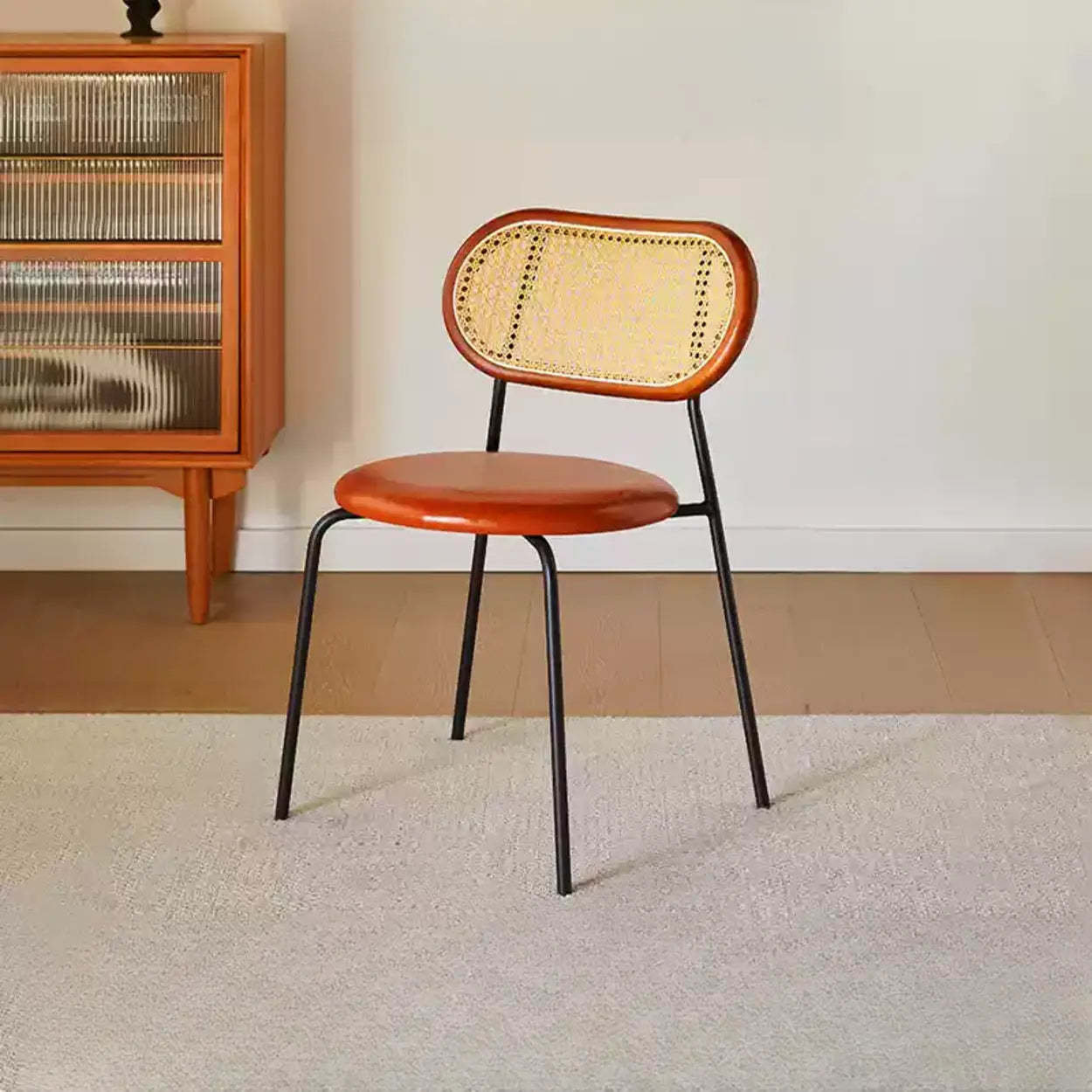 Oval Rattan-Back Leather Stackable Dining Chair