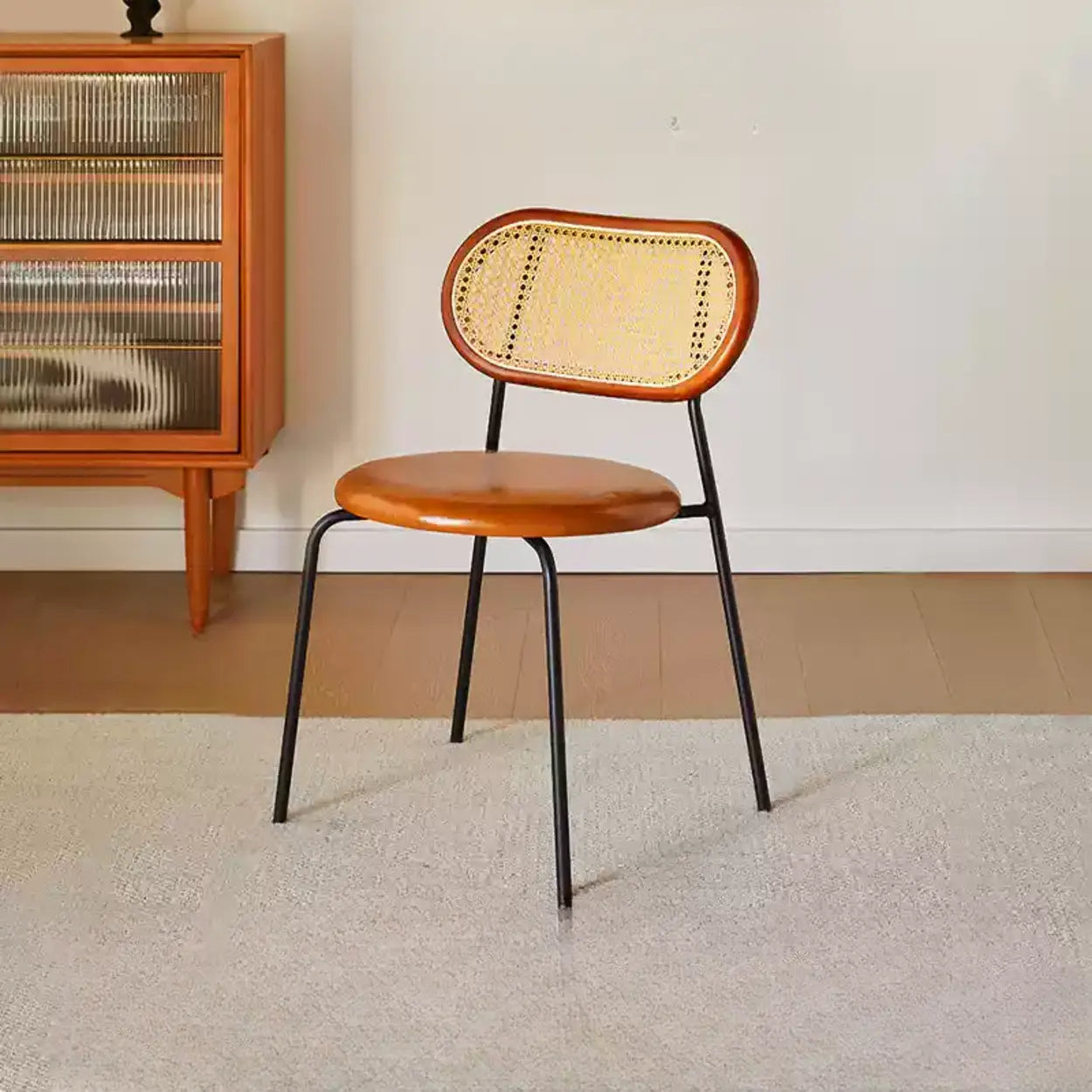 Oval Rattan-Back Leather Stackable Dining Chair