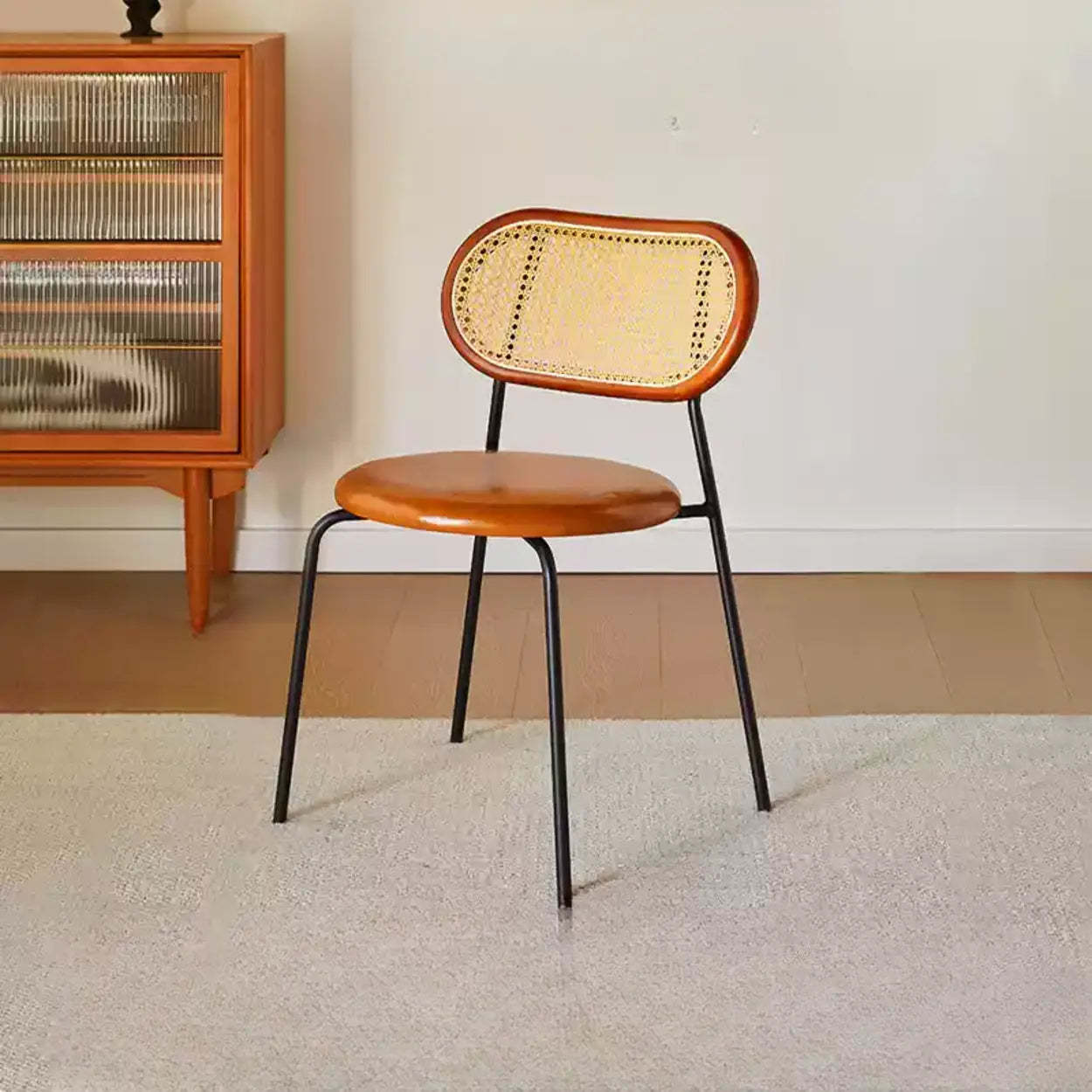 Oval Rattan-Back Leather Stackable Dining Chair