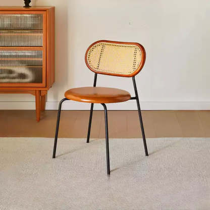 Oval Rattan-Back Leather Stackable Dining Chair
