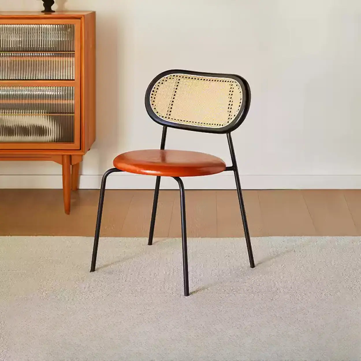 Oval Rattan-Back Leather Stackable Dining Chair