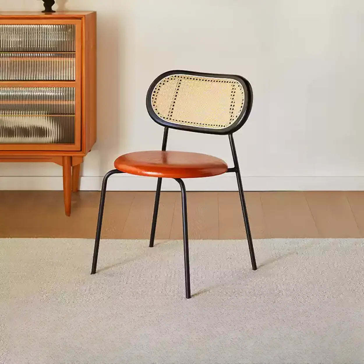 Oval Rattan-Back Leather Stackable Dining Chair