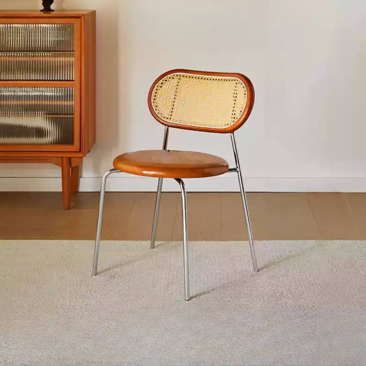 Oval Rattan-Back Leather Stackable Dining Chair