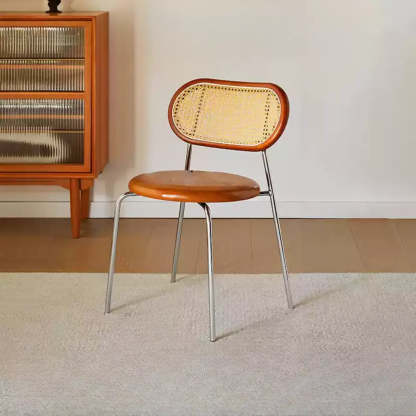 Oval Rattan-Back Leather Stackable Dining Chair
