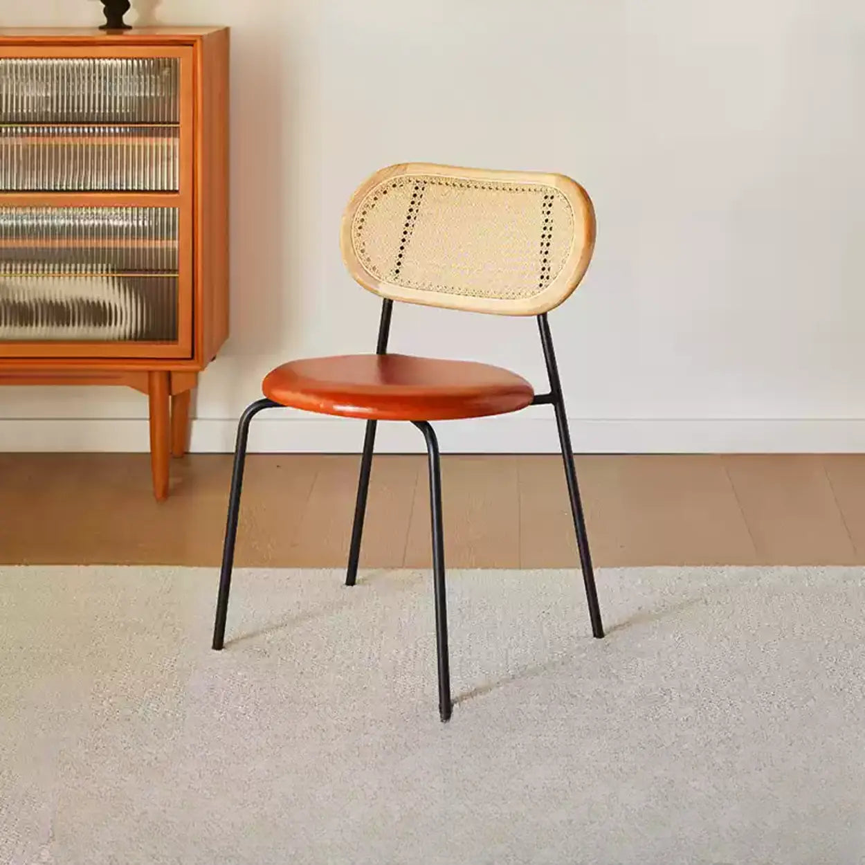 Oval Rattan-Back Leather Stackable Dining Chair