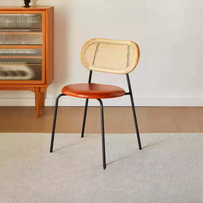 Oval Rattan-Back Leather Stackable Dining Chair