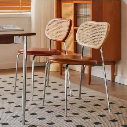 Oval Rattan-Back Leather Stackable Dining Chair — Black / Orange / Black
