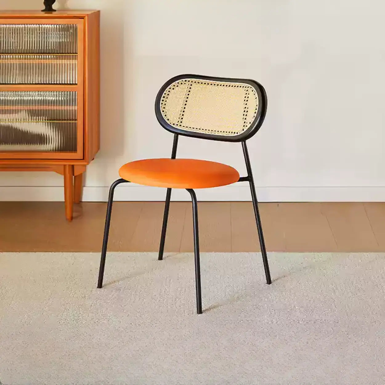 Oval Rattan-Back Leather Stackable Dining Chair — Black / Matte Brown / Silver