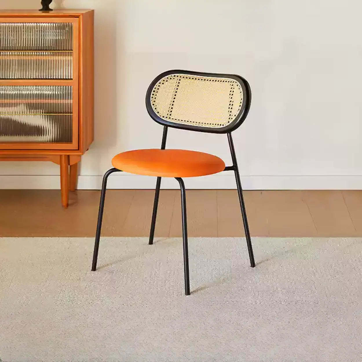 Oval Rattan-Back Leather Stackable Dining Chair — Black / Matte Brown / Silver