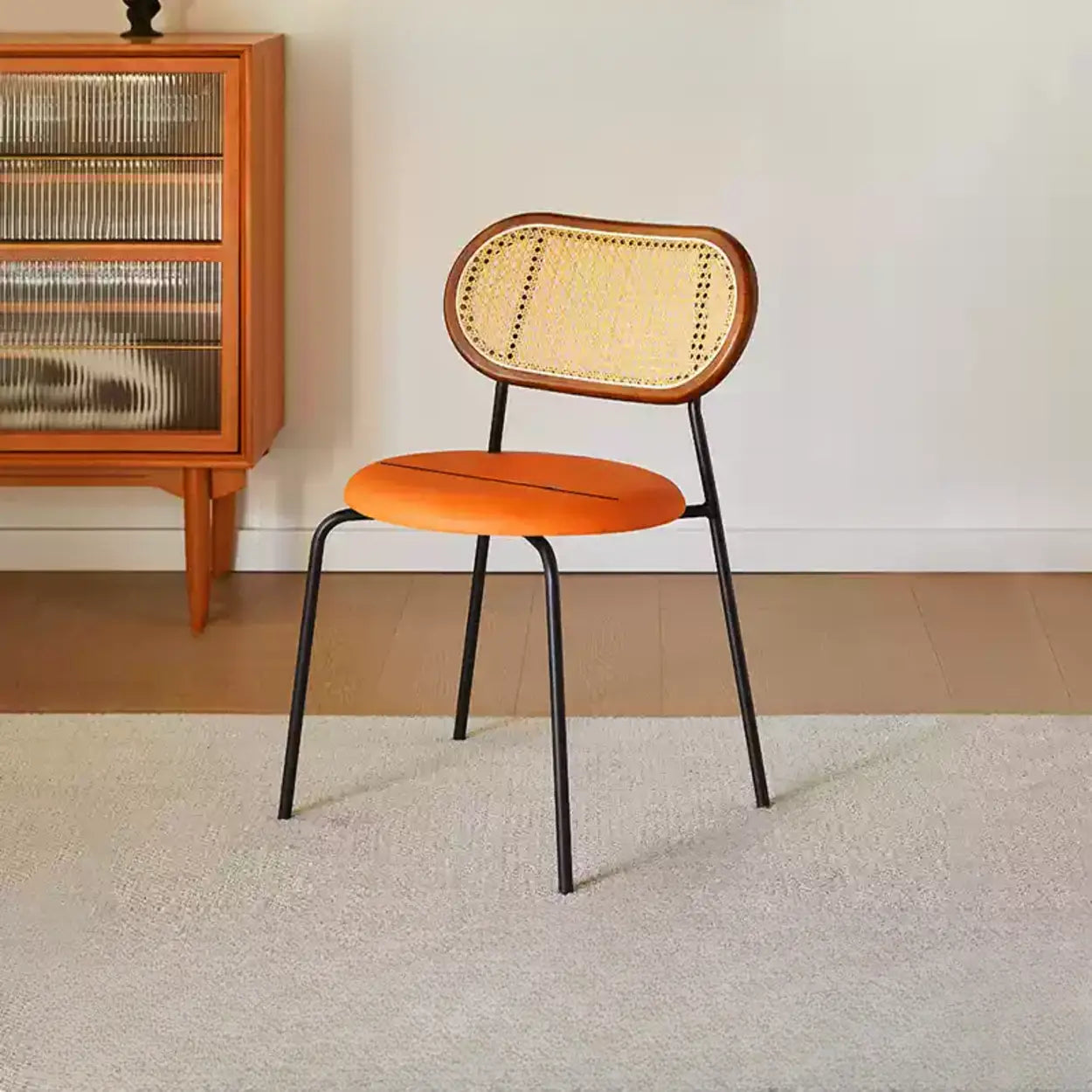 Oval Rattan-Back Leather Stackable Dining Chair — Black / Yellow/ Brown / Silver