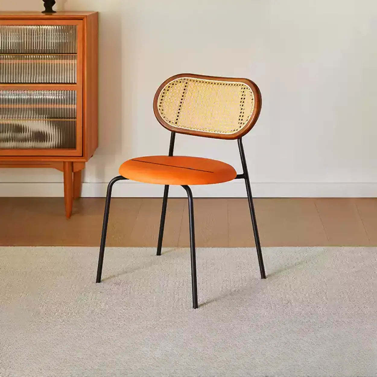 Oval Rattan-Back Leather Stackable Dining Chair — Black / Yellow/ Brown / Silver