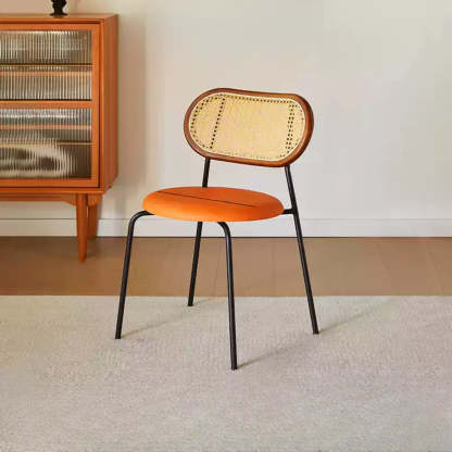 Oval Rattan-Back Leather Stackable Dining Chair — Black / Yellow/ Brown / Silver