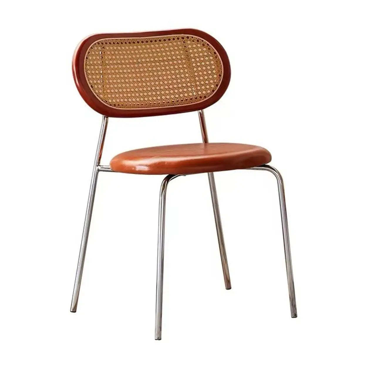 Oval Rattan-Back Leather Stackable Dining Chair — Black / Matte White / Silver