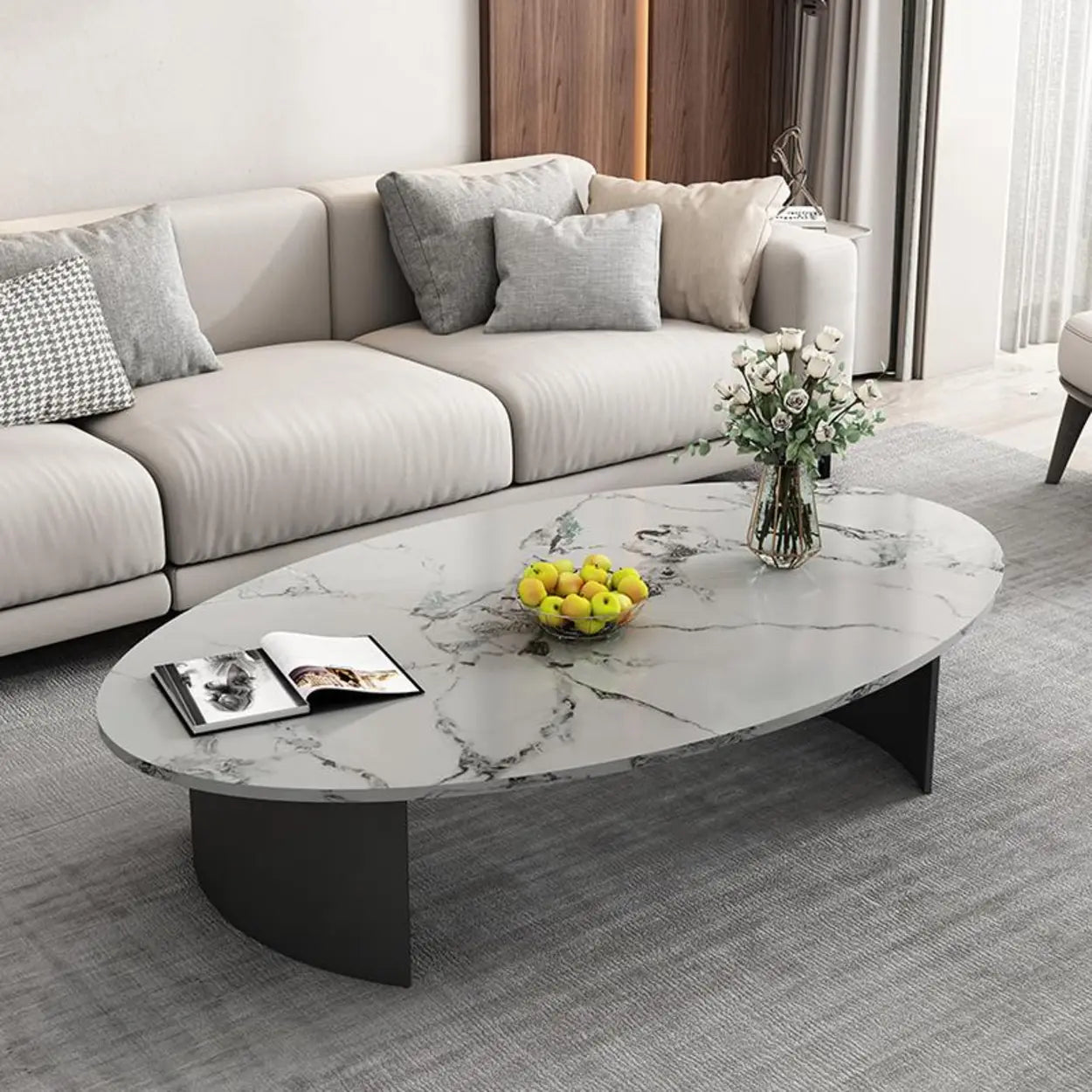 Oval Stone-Top Iron Coffee Table — Gray