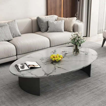 Oval Stone-Top Iron Coffee Table — Gray