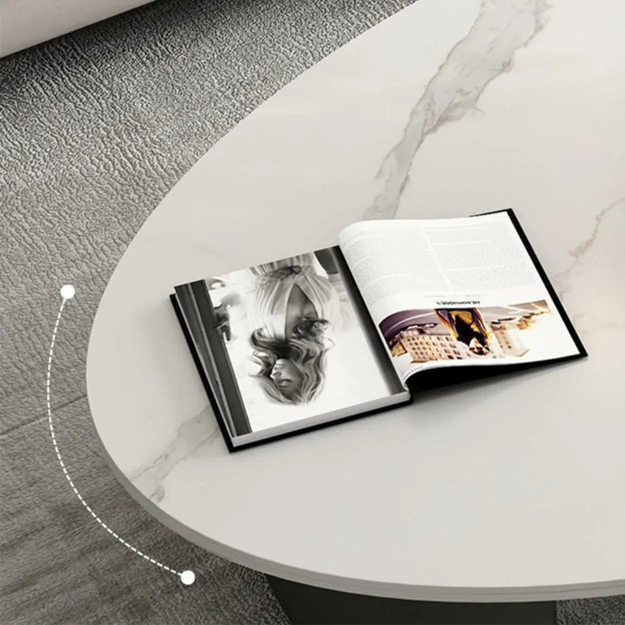 Oval Stone-Top Iron Coffee Table — White/ Grey