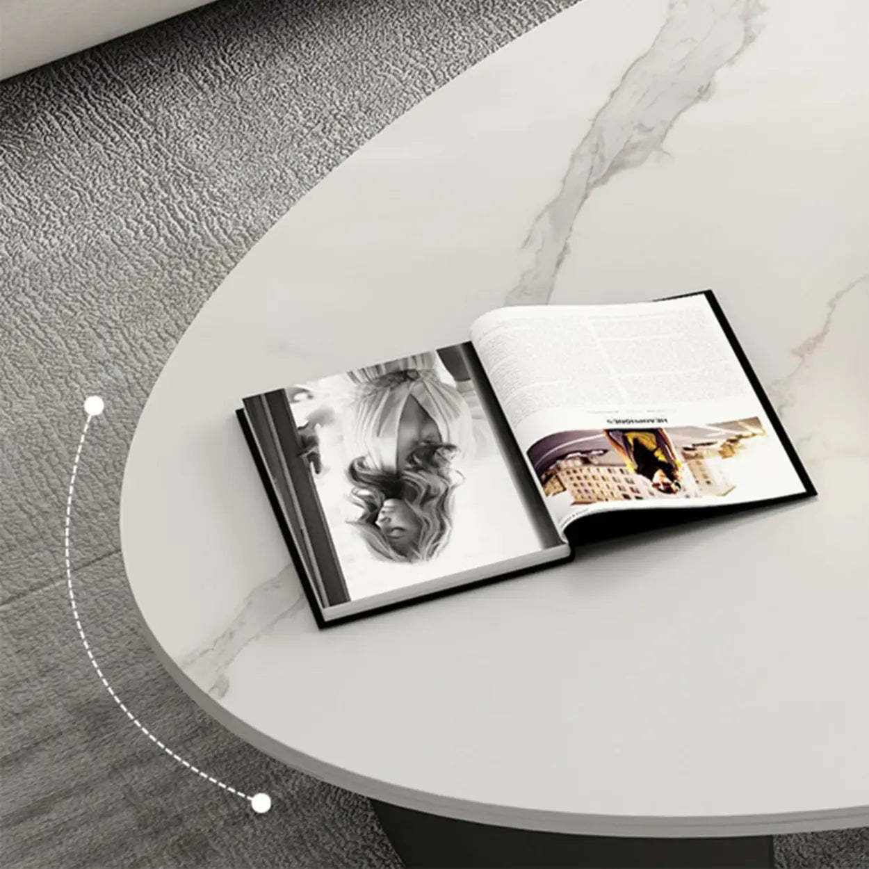 Oval Stone-Top Iron Coffee Table — White/ Grey