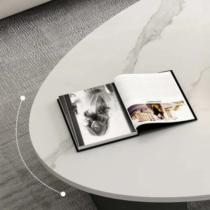 Oval Stone-Top Iron Coffee Table — White/ Grey