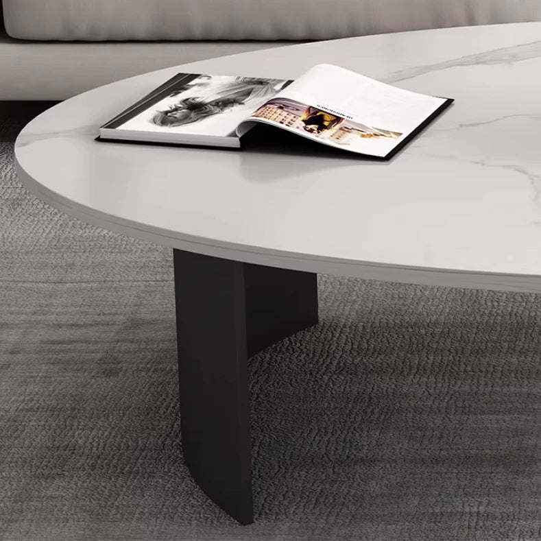 Oval Stone-Top Iron Coffee Table — White