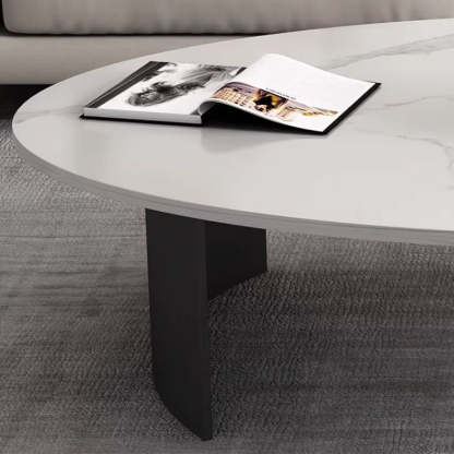 Oval Stone-Top Iron Coffee Table — White