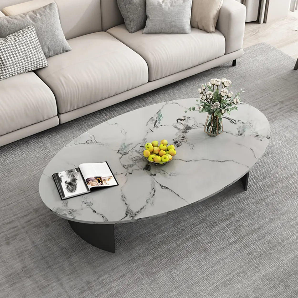 Oval Stone-Top Iron Coffee Table — White
