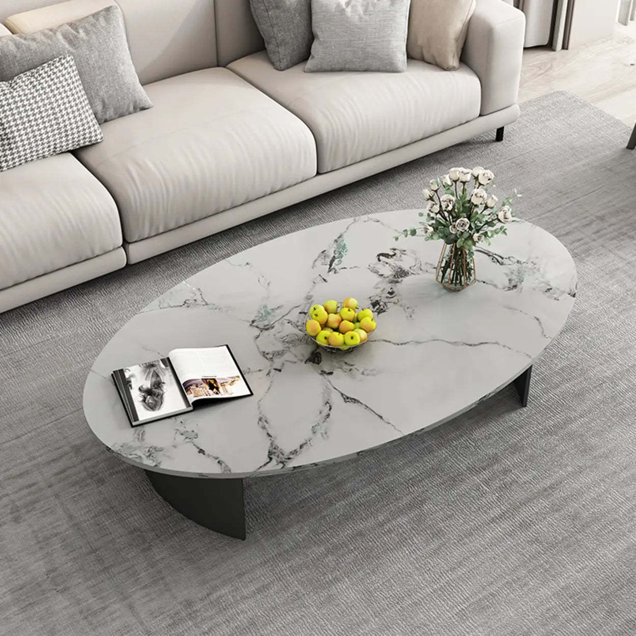 Oval Stone-Top Iron Coffee Table — White